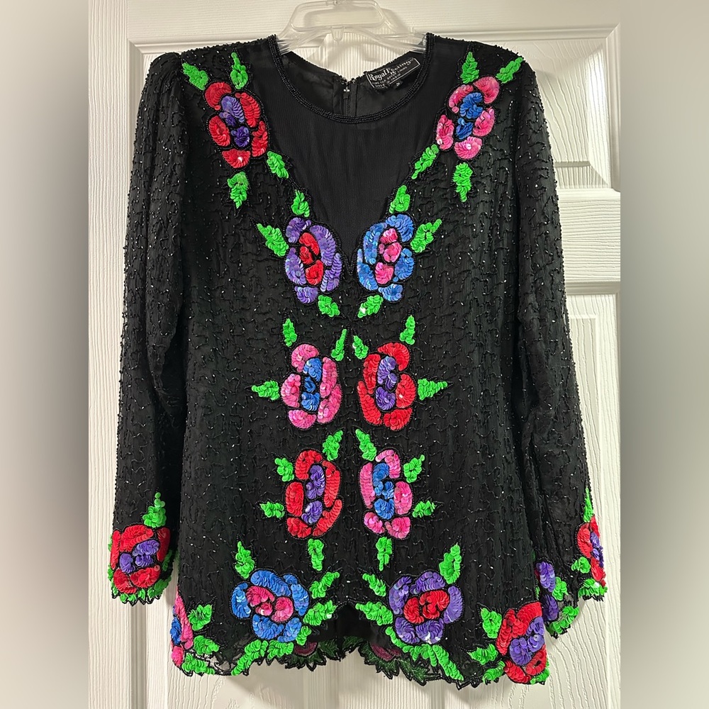 Floral Embroidered Black Silk Top